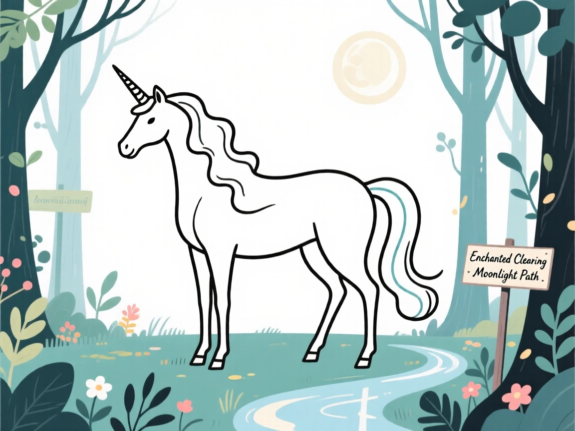 A unicorn standing in an enchanted forest clearing bathed in moonlight.