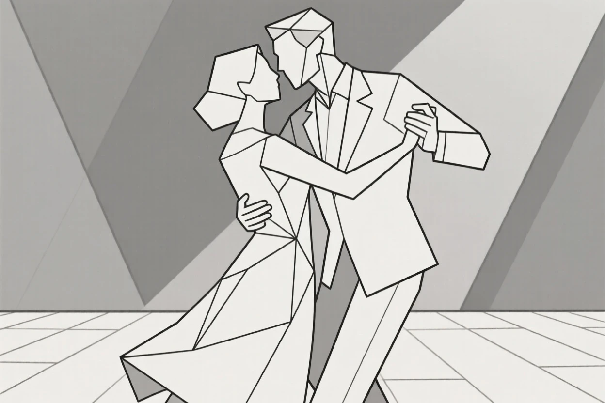 A tango couple dancing in an elegant embrace