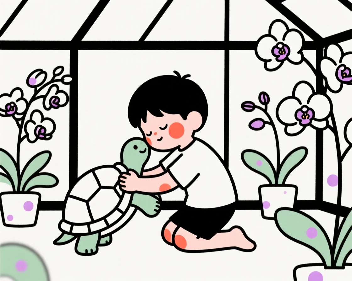 A little boy with a pet tortoise, sharing a tender embrace, in a greenhouse full of orchids.
