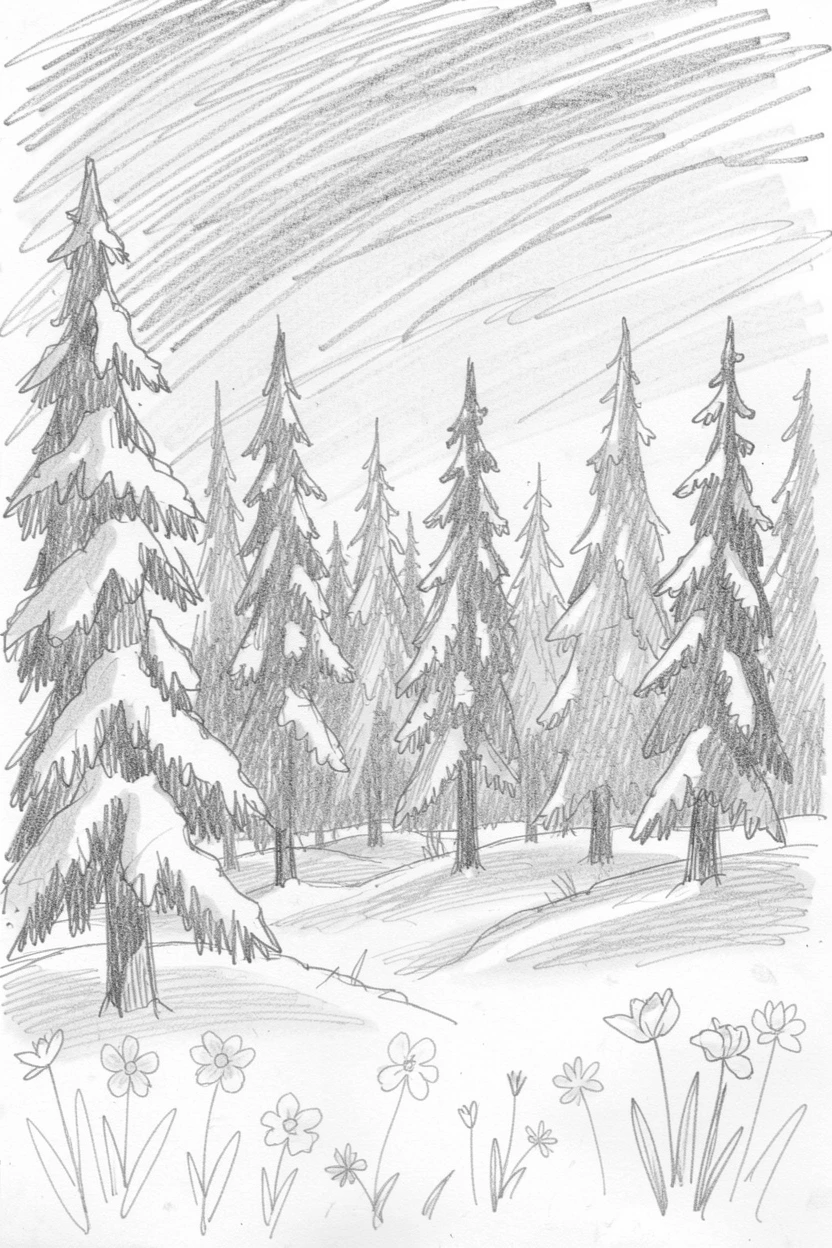 Sweeping landscape of a pine forest after fresh snowfall under a dramatic sky streaked with color, with wildflowers scattered across the foreground.