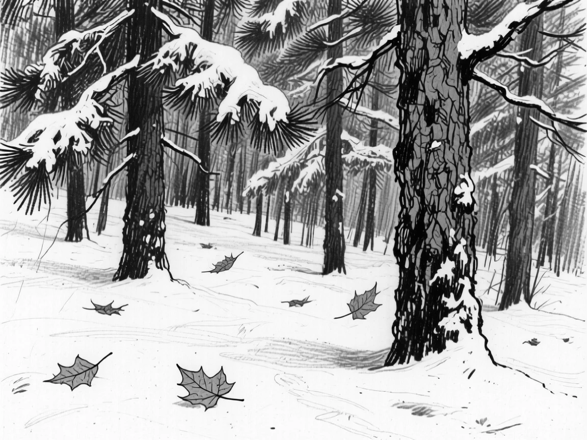 A pine forest blanketed in fresh snow as autumn leaves drift on a gentle breeze.