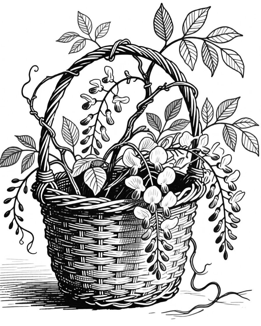 A climbing wisteria vine spilling out of a wicker basket, with delicate veins visible in each leaf, composed in a fresh and vibrant still-life arrangement.