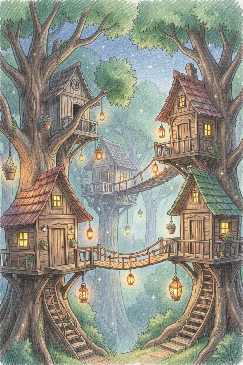A magical treehouse village connected by glowing lantern-lit bridges, with intricate, whimsical details throughout the scene, capturing a sense of adventure and quiet magic.