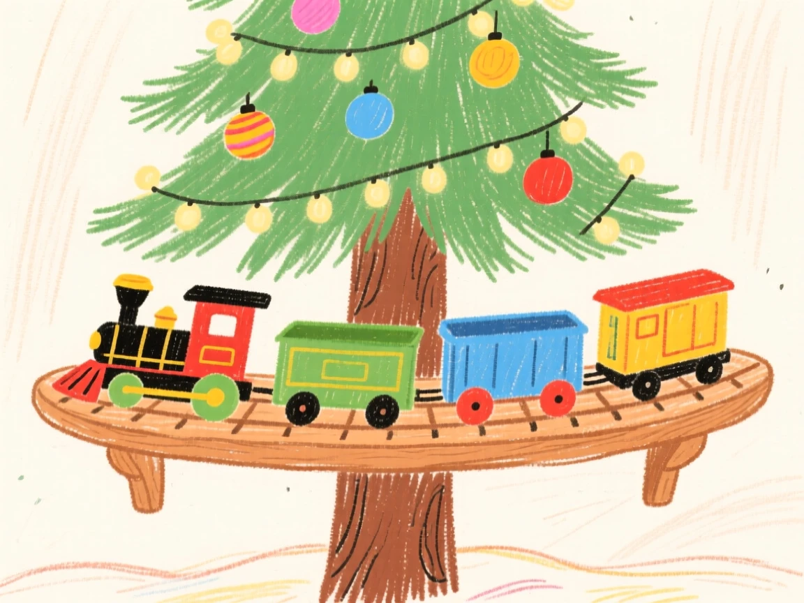 A shelf of vintage toy trains circling beneath a Christmas tree.