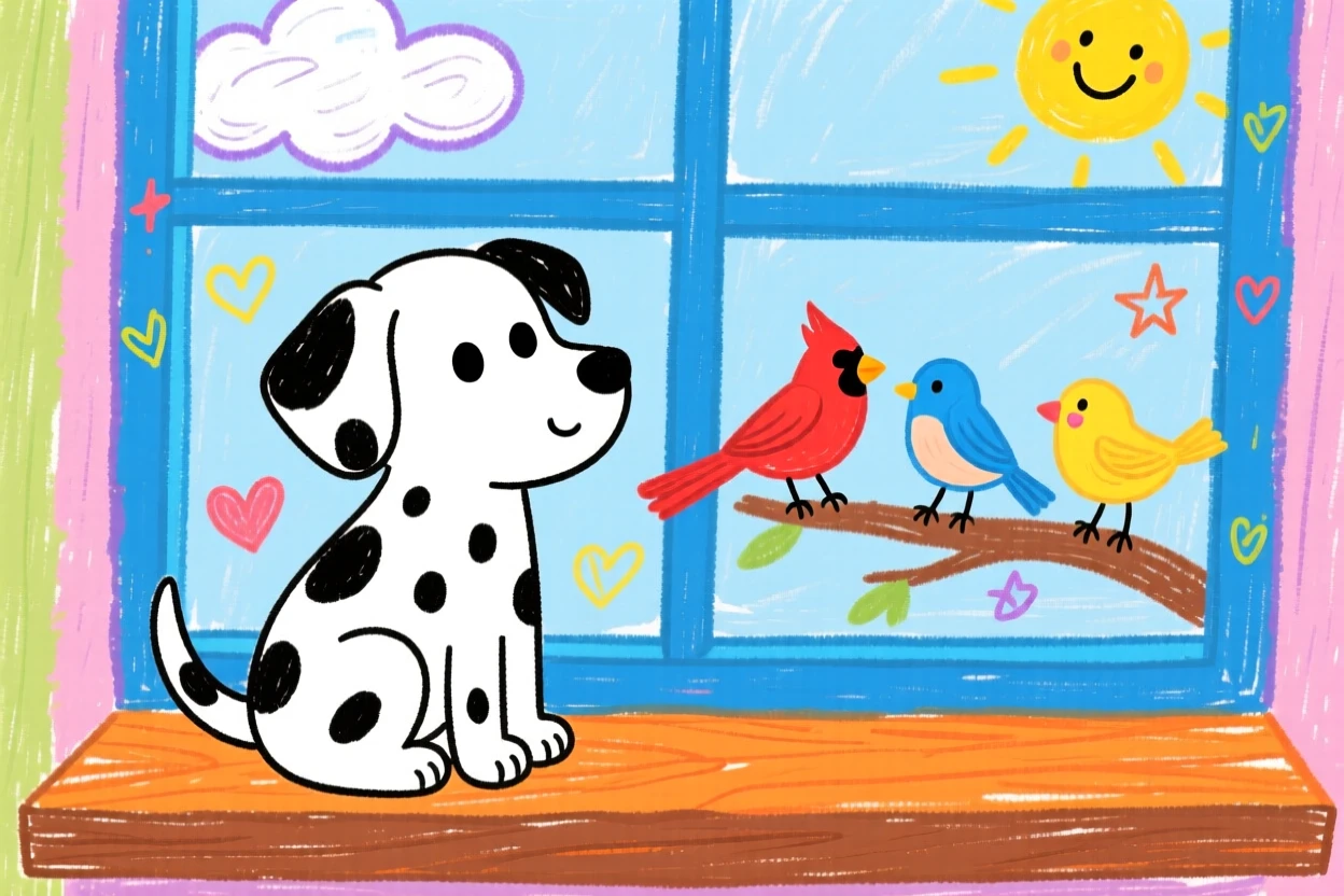 A spotted dalmatian puppy watching birds from a windowsill.