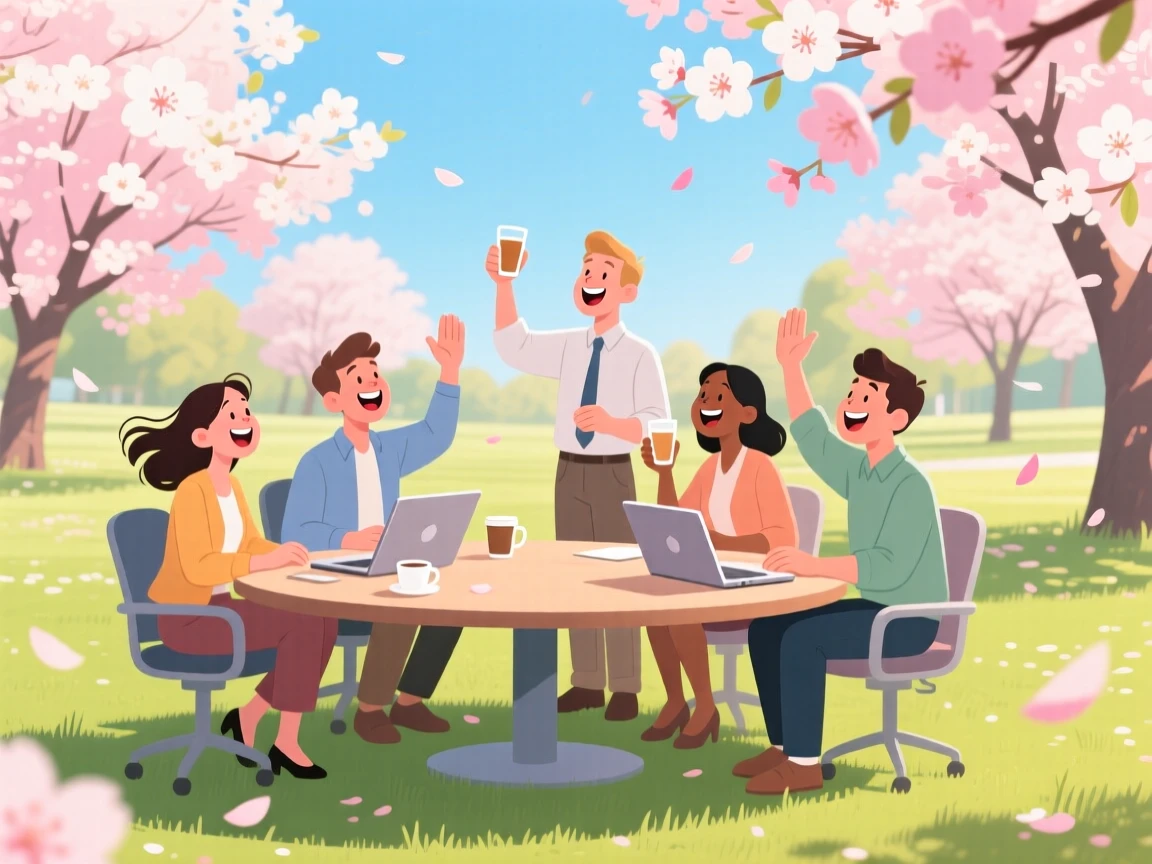 A group of coworkers celebrating around a conference table, in a sunlit park filled with blooming trees, arranged with the subject slightly off-center for a natural feel, with small joyful details like flying hair or bright laughter.