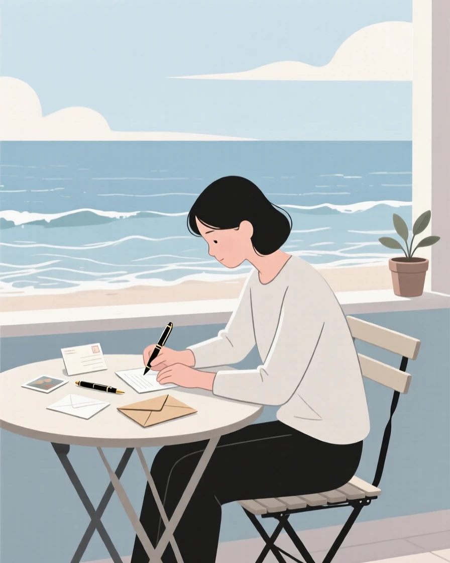 A person writing postcards at a small cafe table overlooking the sea.