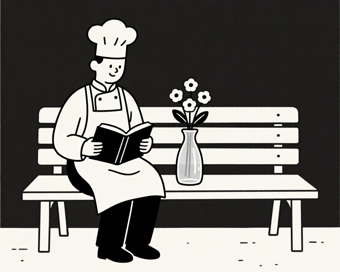 A chef reading quietly in a quiet park bench, surrounded by fresh flowers in a vase, conveying shared belonging.