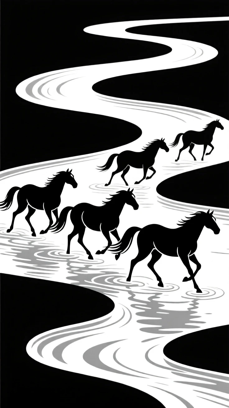 A herd of wild horses crossing a shallow river.
