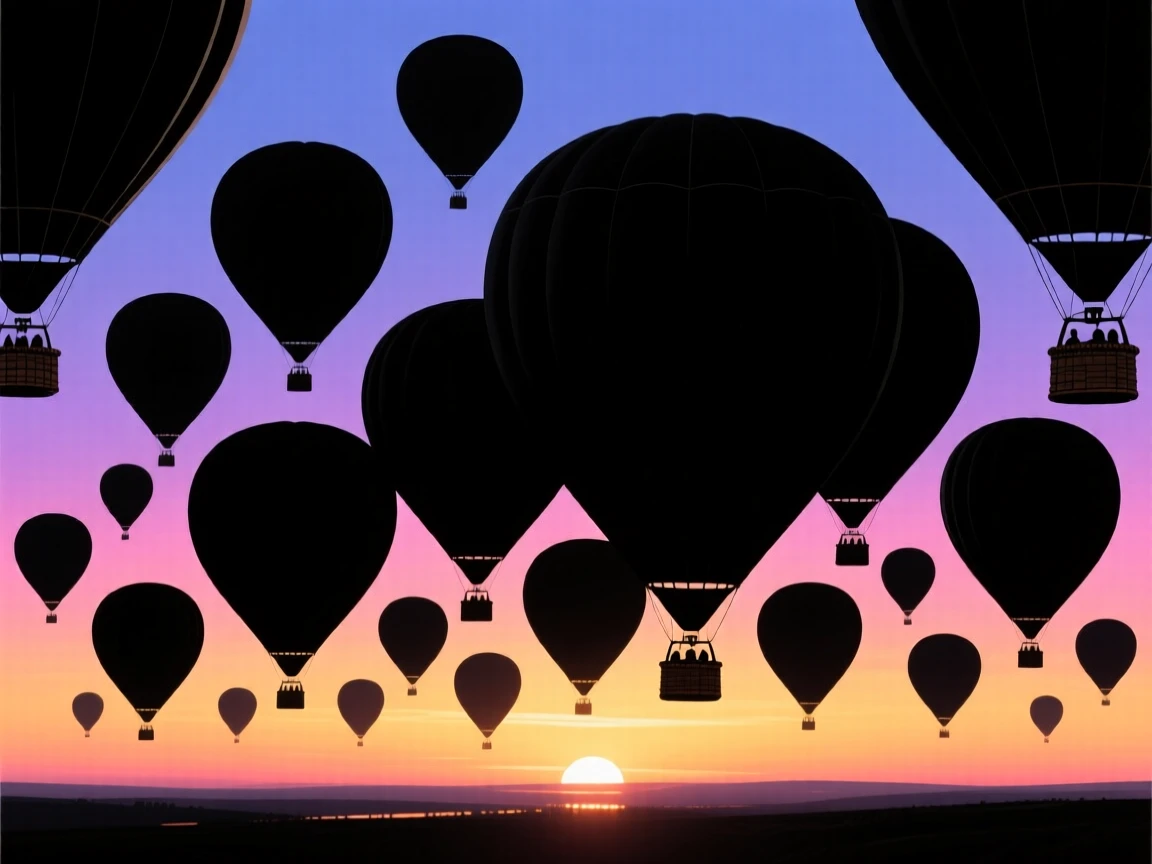 A hot air balloon festival with dozens of balloons rising together at dawn.