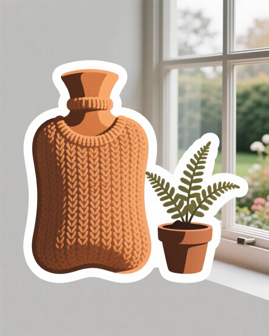 A warm and inviting hot water bottle with a knitted cover, displayed next to a small potted fern, by a large window overlooking a garden.