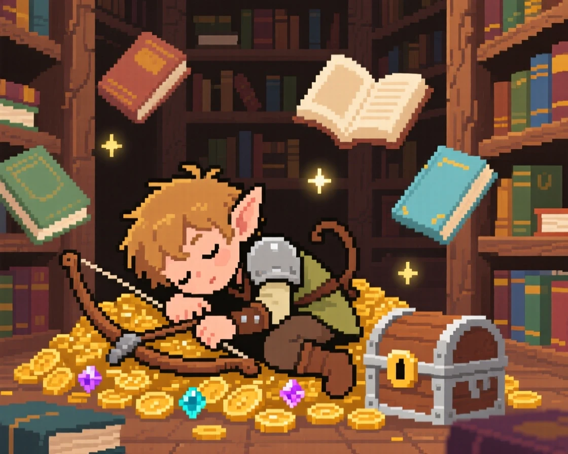 A small elf scout with a bow napping curled around a treasure hoard, in a library filled with floating books.