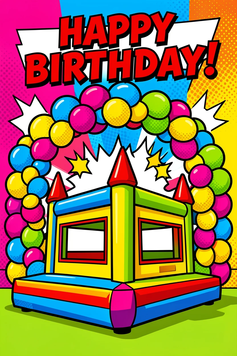 A birthday party with a bounce house and balloon arch