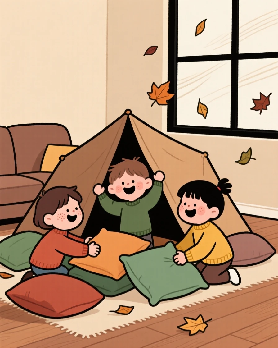 A trio of children build a fort out of couch cushions in the living room floor, laughing as the wind sends leaves scattering everywhere.