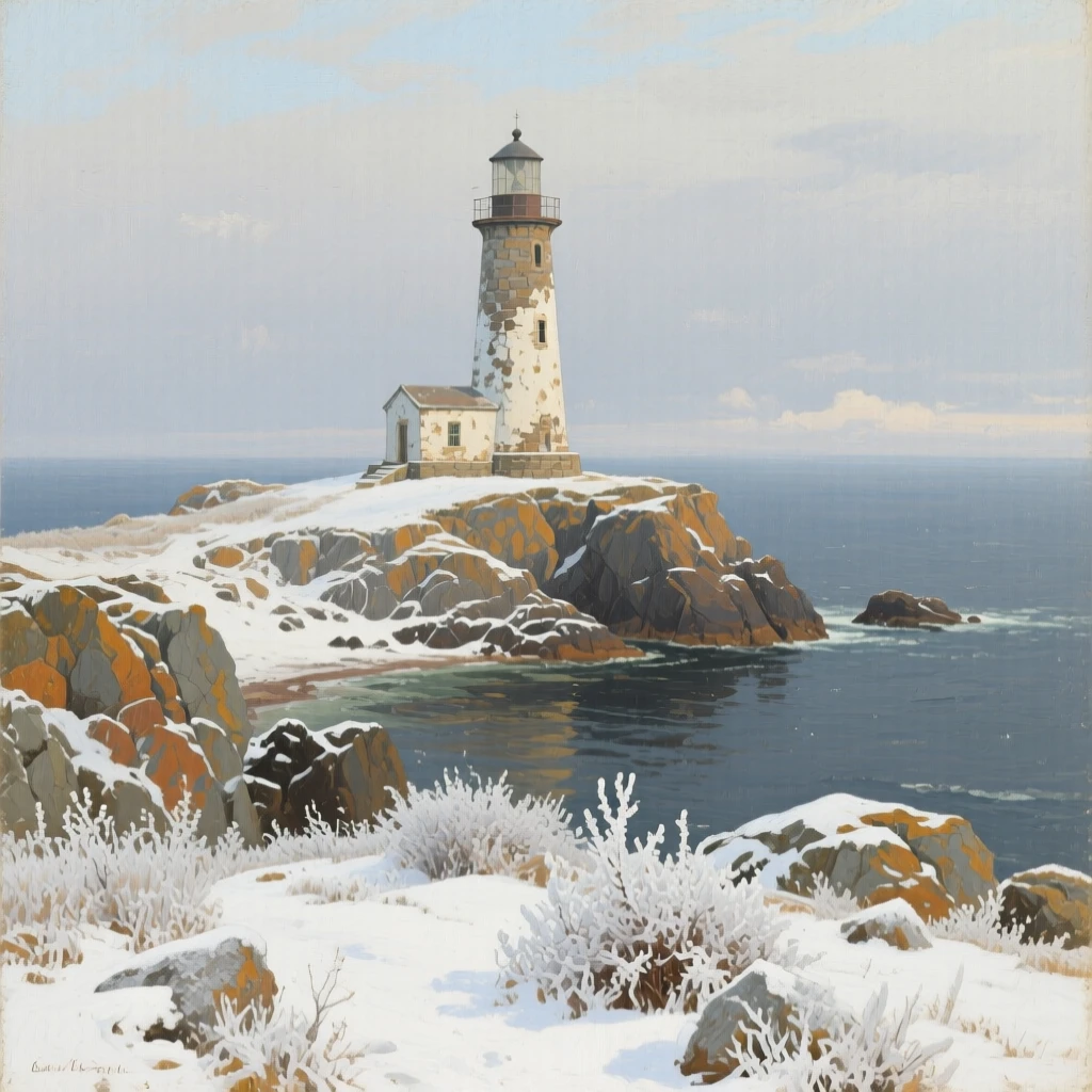 A panoramic view of a lighthouse standing sentinel on a rocky windswept point, beneath fresh fallen frost, in the quiet stillness of midwinter.