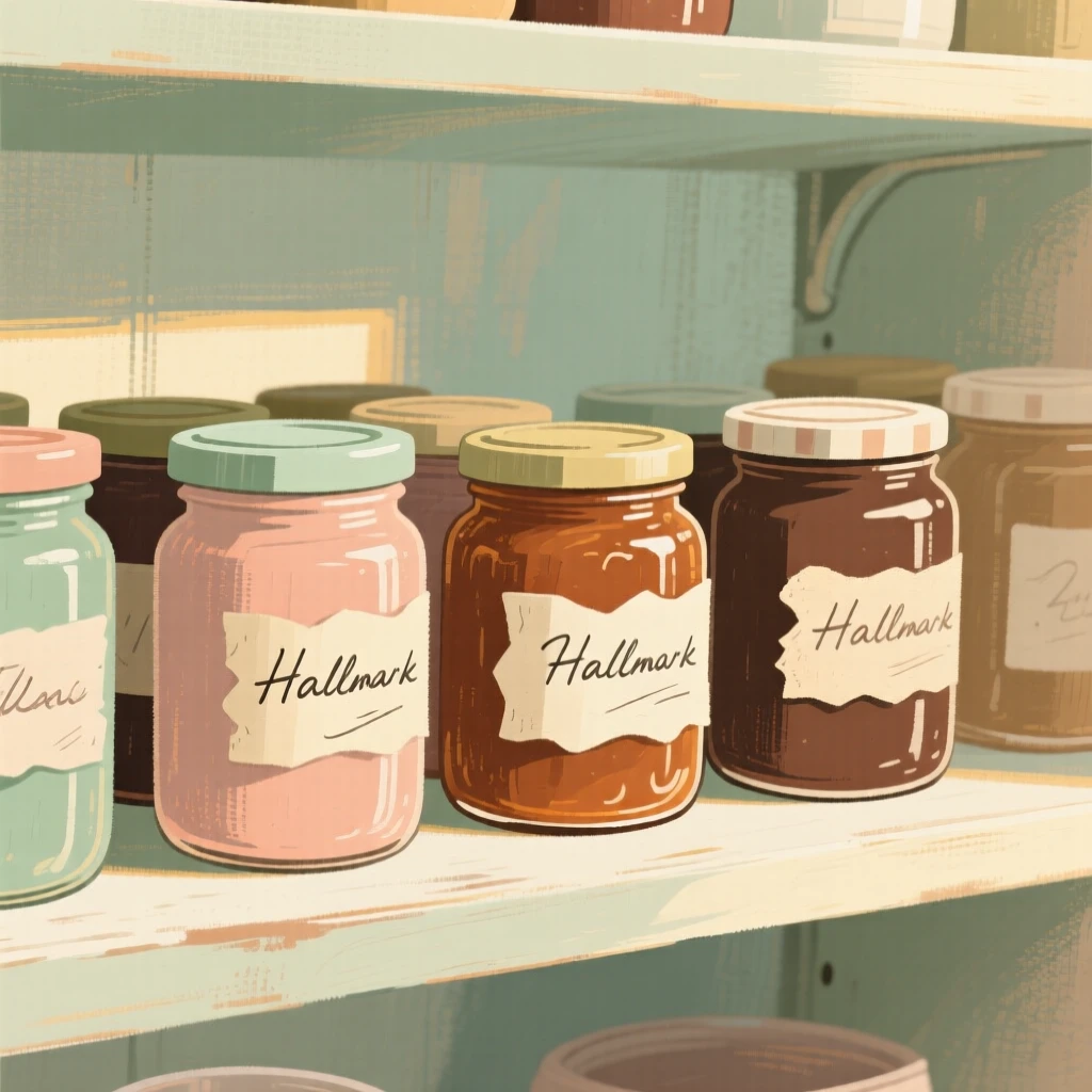 A cluster of jam jars with handwritten labels on a pantry shelf
