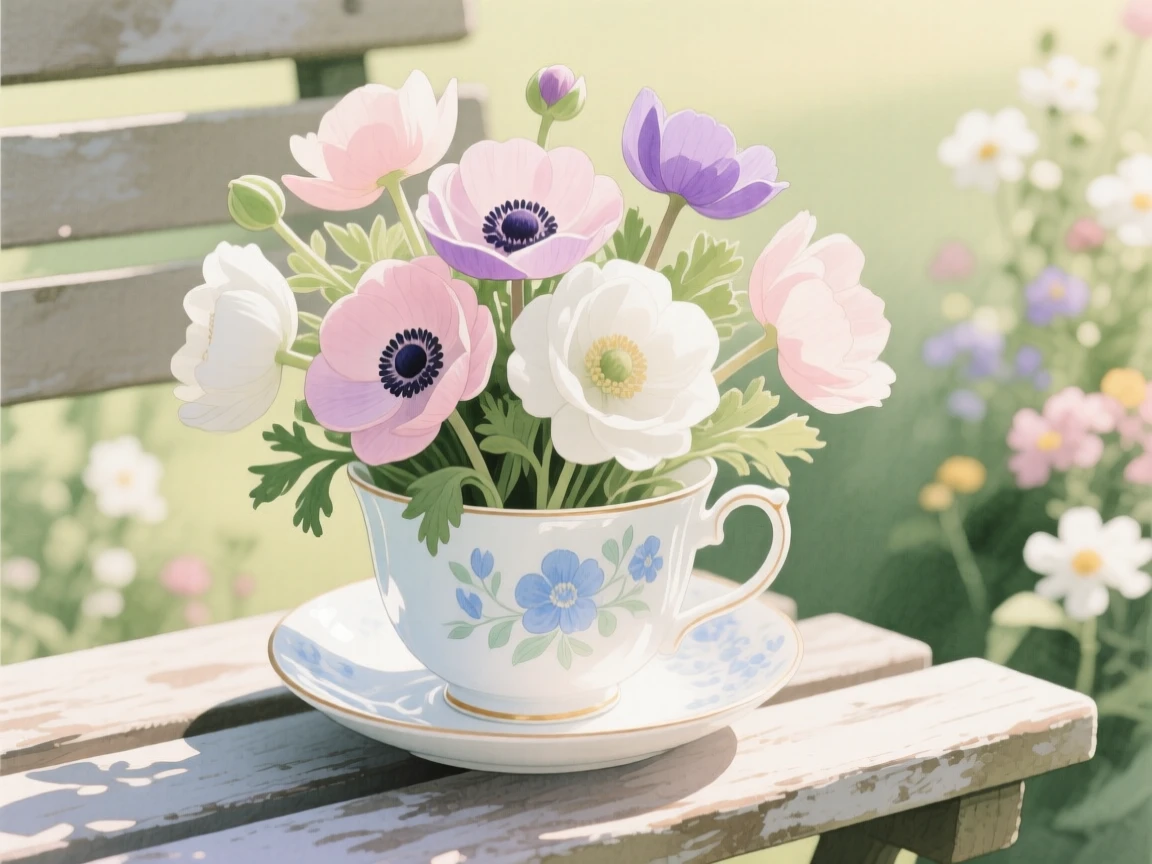 A bouquet of anemones in soft, layered tones fills a hand-painted teacup on a garden bench in bloom, petals catching the gentle light