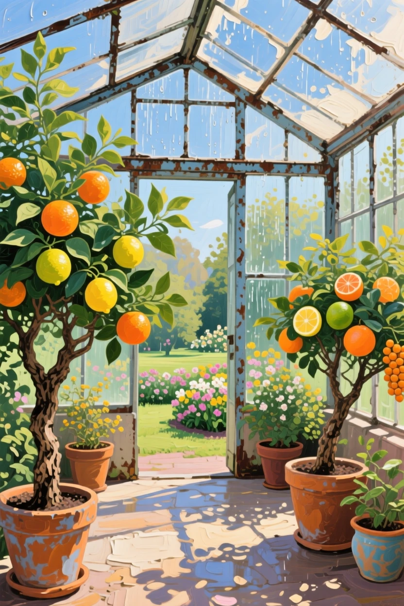 a greenhouse filled with potted citrus trees, on a peaceful spring afternoon, with a balanced, spacious view of the surroundings.