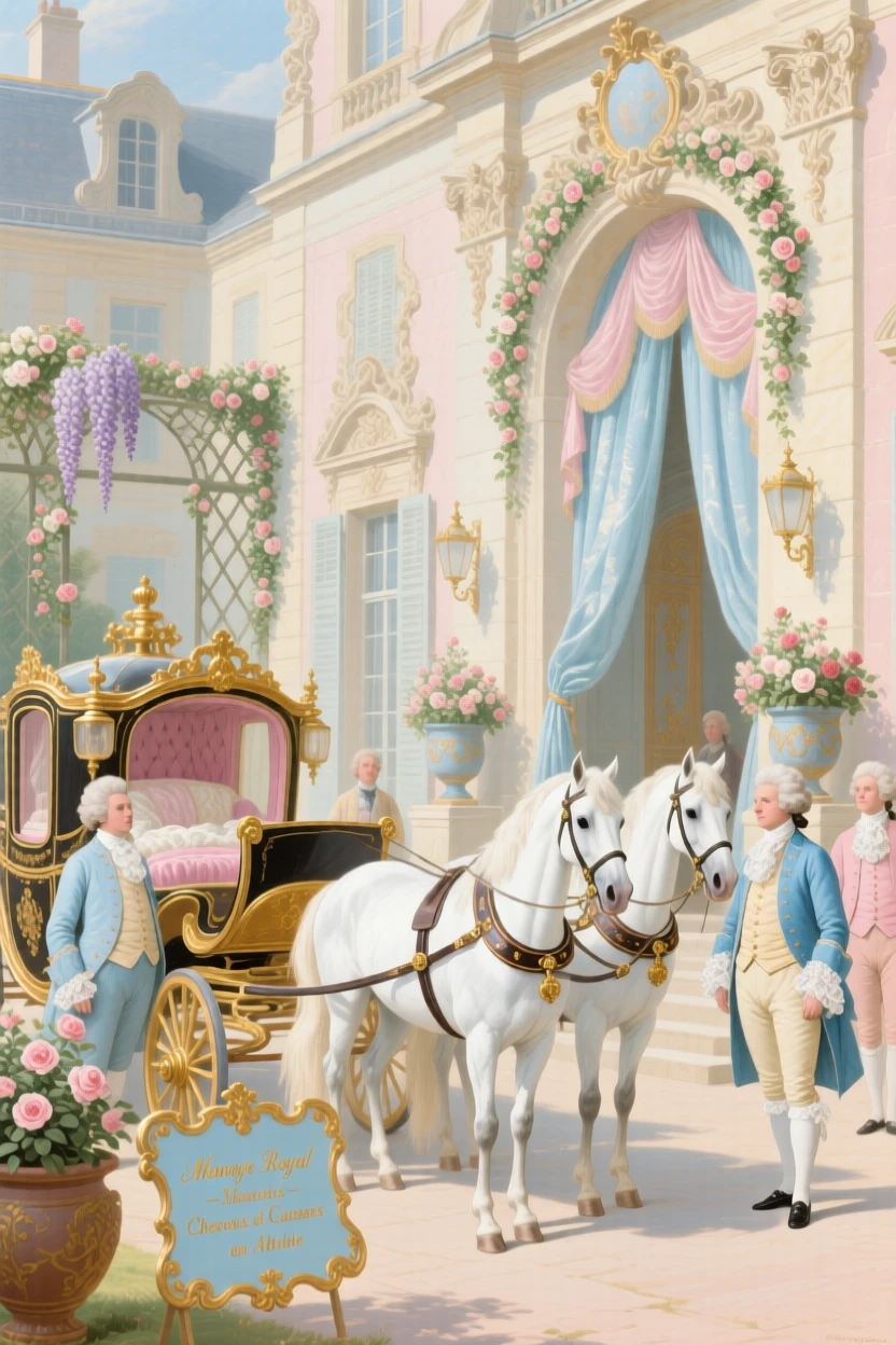 A royal carriage house with polished carriages, white horses, and waiting attendants  