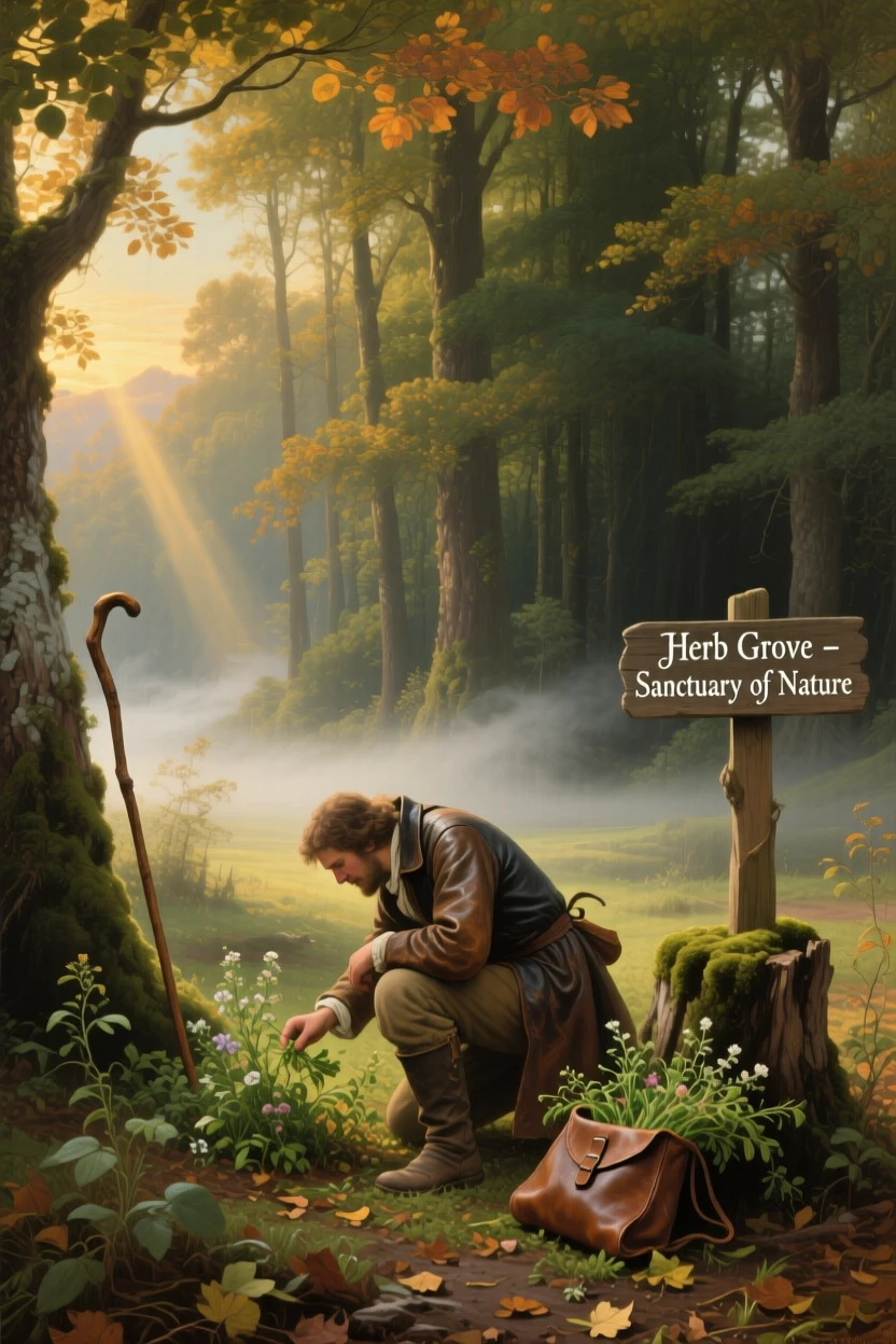 A hunter gathers herbs within a misty grove at the forest's edge as sunlight filters through the leaves.