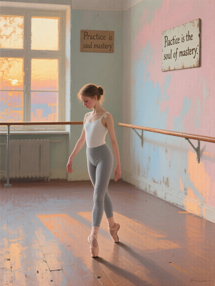 A young dancer practicing alone in an empty studio at sunrise, with the background softly blurred to keep attention on their face, radiating authenticity and heartfelt sincerity