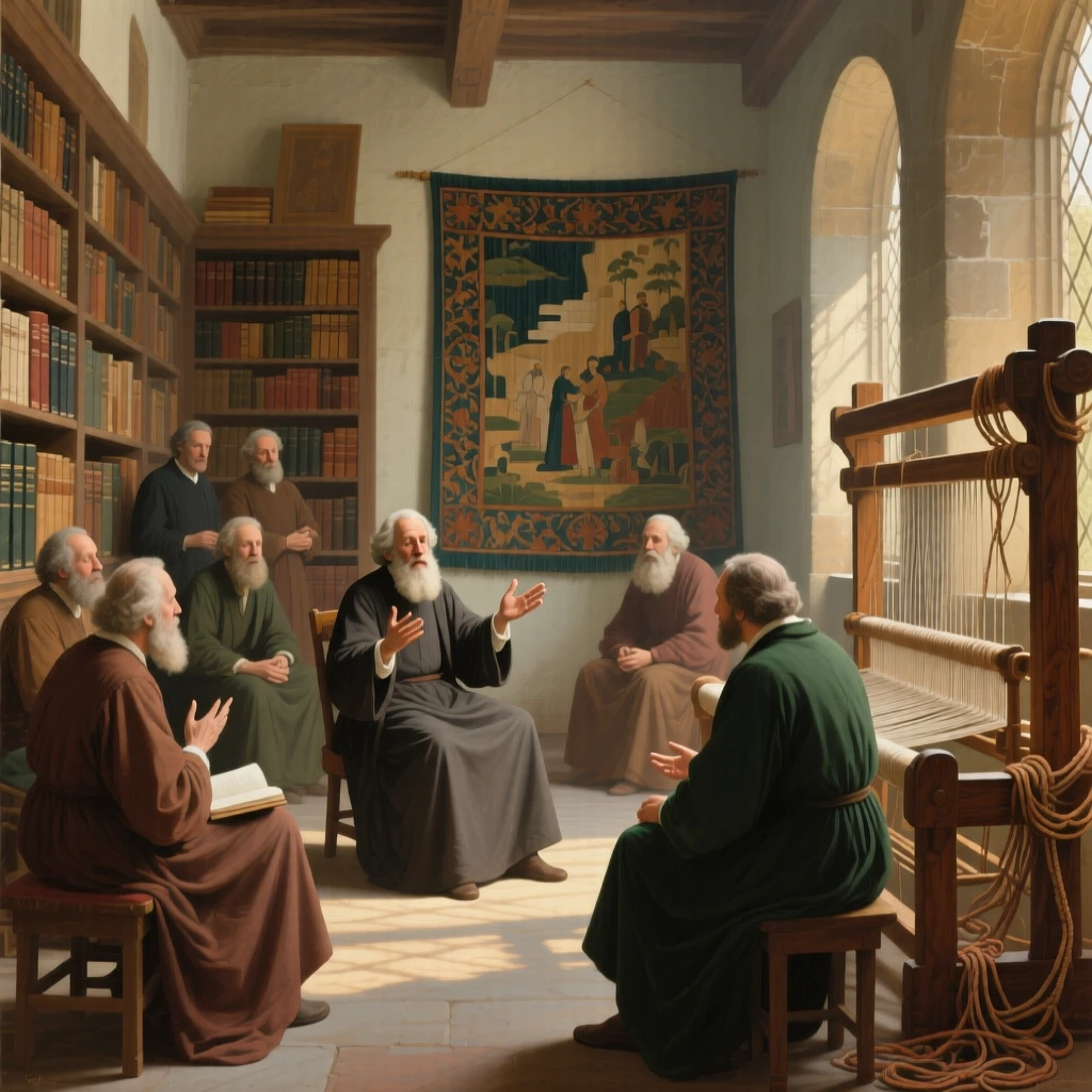 A scholar deep in debate with fellow philosophers in a sunlit courtyard at the story's most enchanting and memorable turn, set within a cozy library filled with worn, beloved books, with an old wooden loom, tangled threads, and a half-finished tapestry; soft vignetting draws focus to the storyteller at the scene's heart, evoking nostalgia, wonder, and the timeless magic of storytelling.