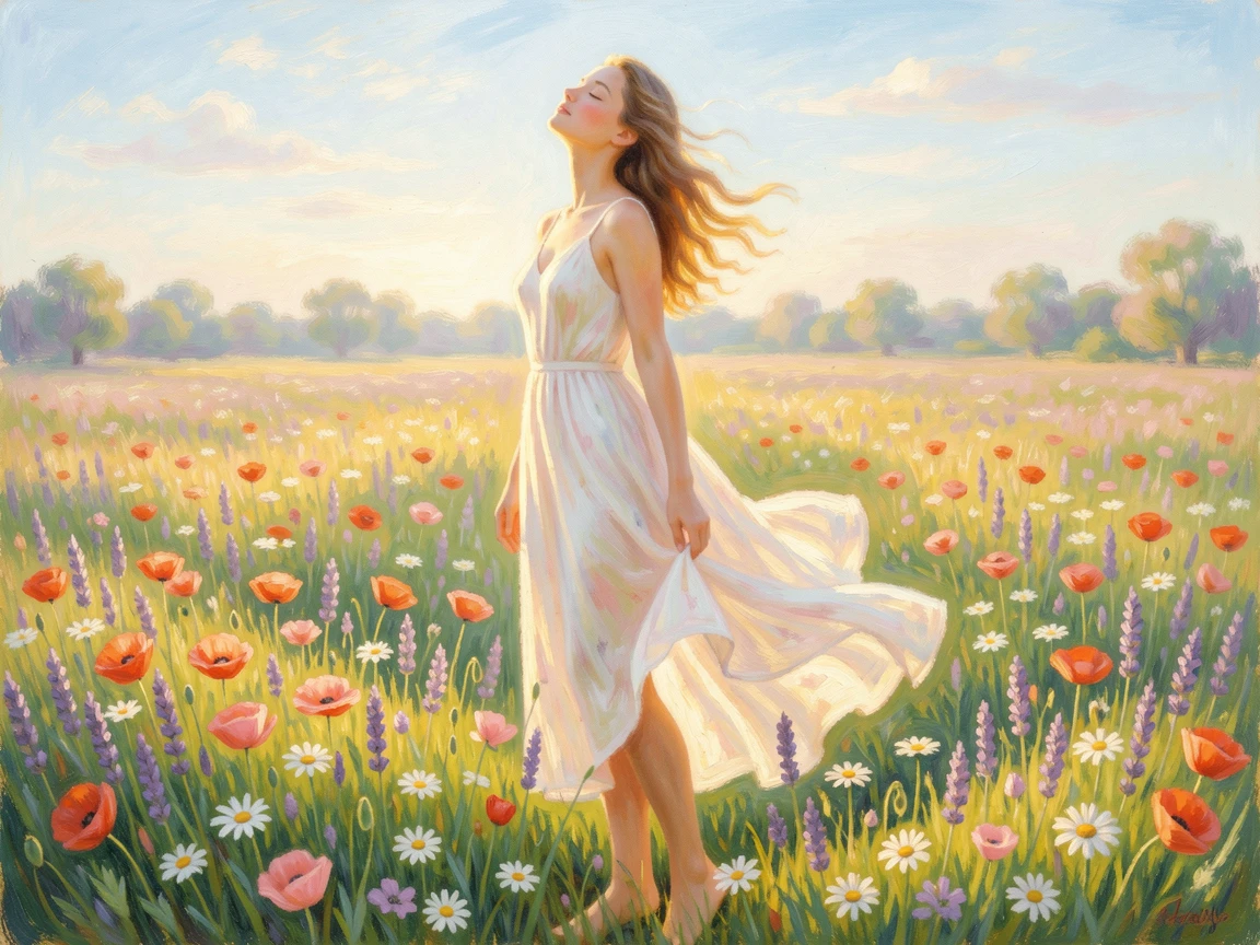 A young woman in a flowing summer dress standing in a field of wildflowers, eyes closed, face turned toward the sun.