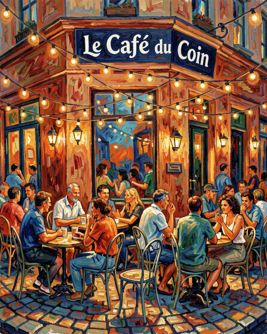 A busy corner café with outdoor tables under string lights on a warm evening.