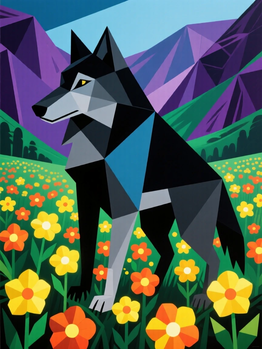 A magical scene of a shadow wolf in a valley filled with luminous flowers.