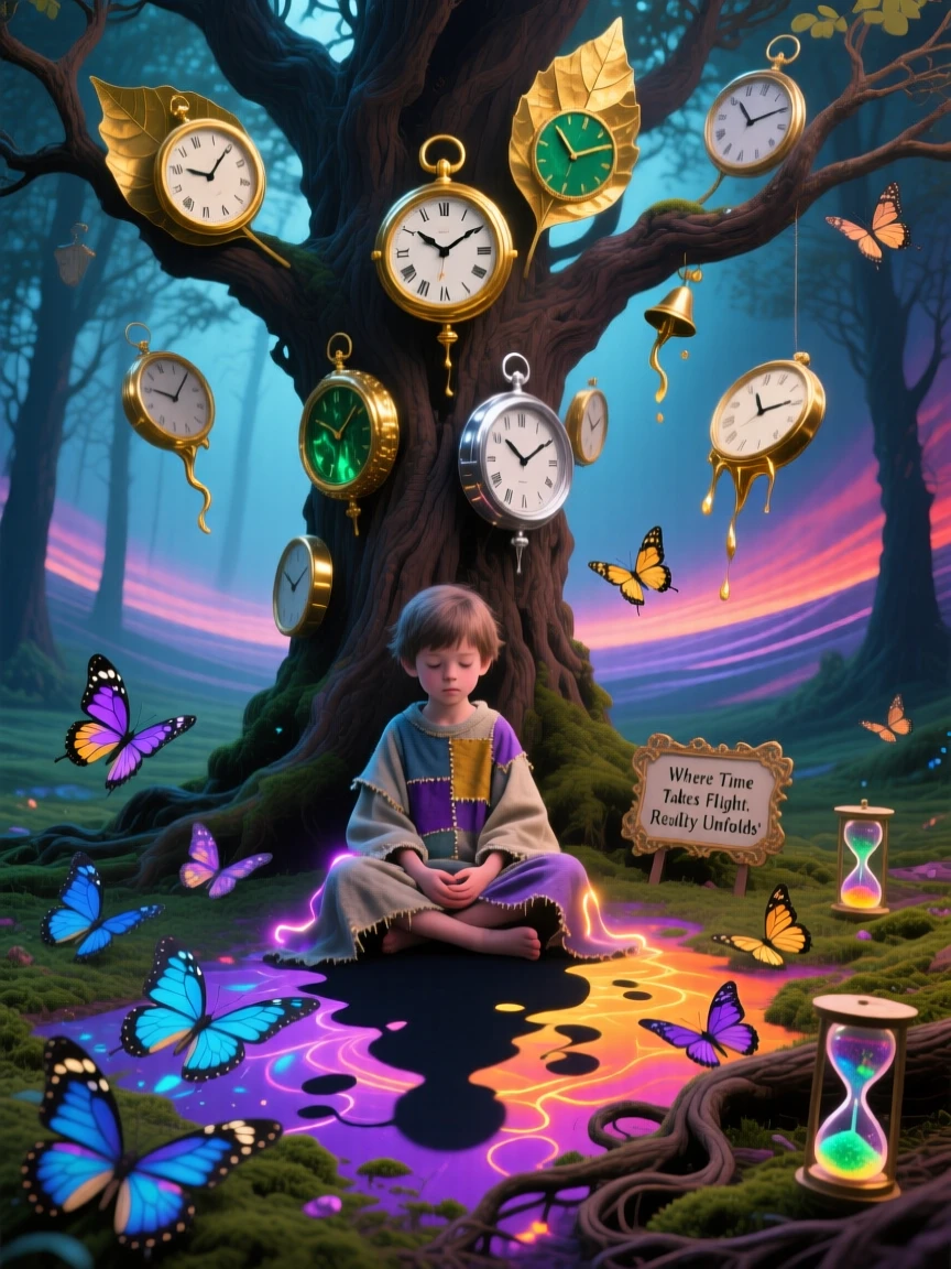 A child whose shadow is made of butterflies sits beneath a tree whose leaves are made of clock faces, as light spills from the seams of their clothing.