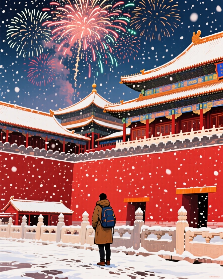 The Forbidden City's red walls beneath falling snow, as fireworks burst overhead, a lone traveler pausing to take in the view