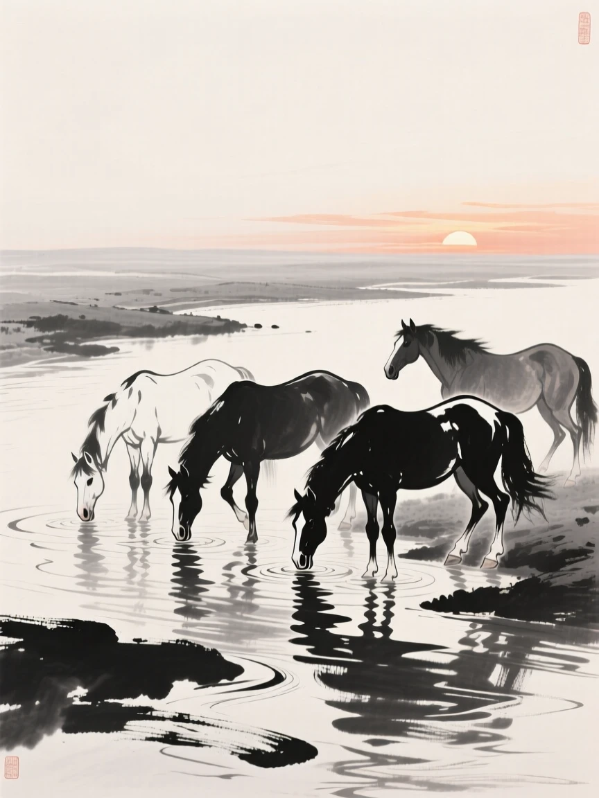 A group of horses drinks from a river at sunset, beneath a vast open sky.