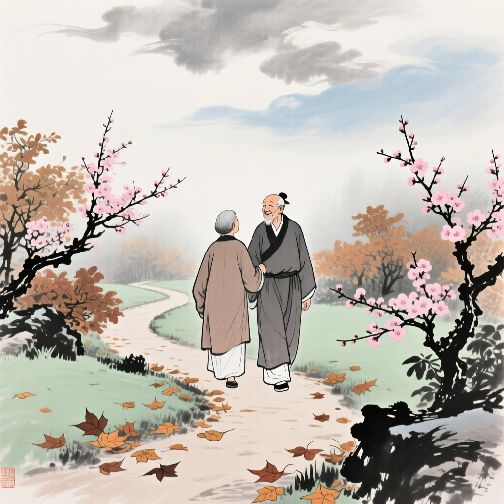An elderly couple strolling arm in arm along a garden path in autumn, brimming with peaceful contentment, beneath low hanging clouds, as spring blossoms unfold.