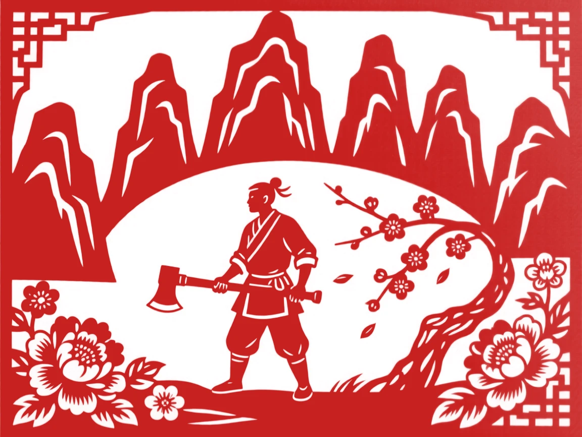 A composition of a woodcutter beneath towering karst peaks, petals drifting down from a blossoming branch nearby.