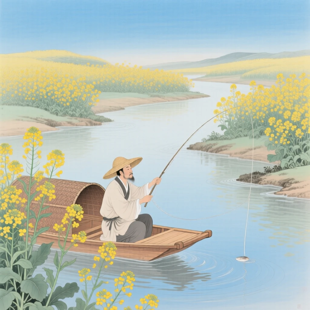 A valley of blooming rapeseed flowers under blue sky, with a single fisherman casting a line from a small boat