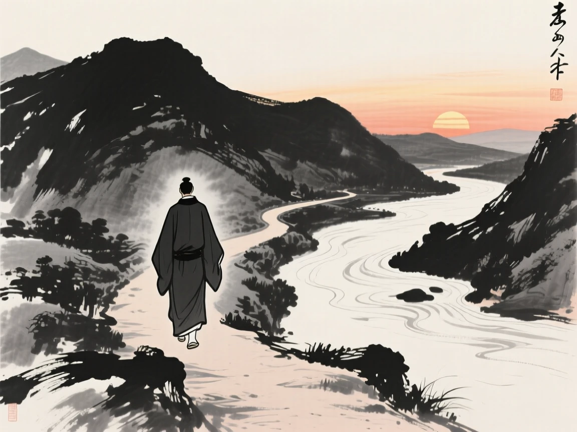 A calligrapher walking slowly along a mountain path beside a slow-moving river at sunset, seen from behind, gazing out toward the horizon, evoking warmth, simplicity, and quiet dignity.