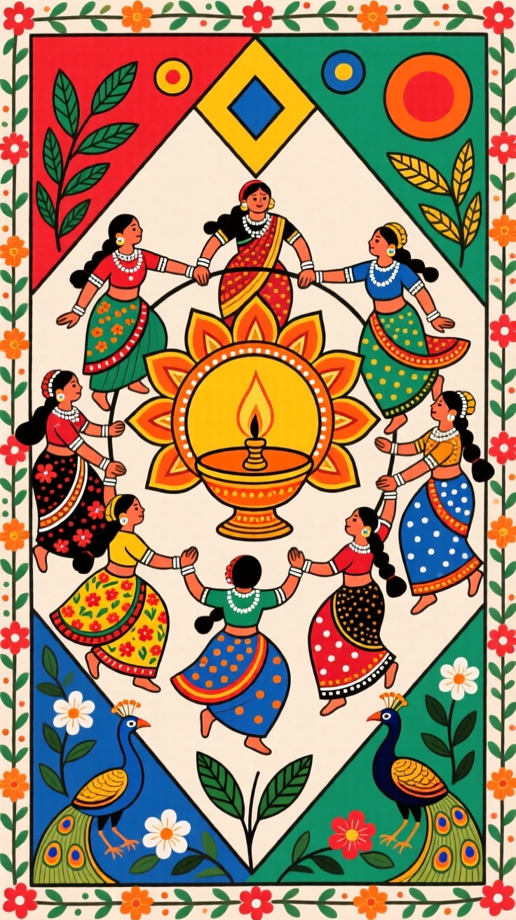 A group of dancers forming a circle around a central lamp.
