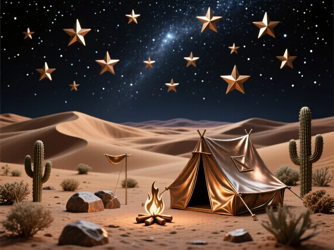 A starry night sky over a tranquil desert camp, with a striking sense of depth and distance, offering a breathtaking sense of place