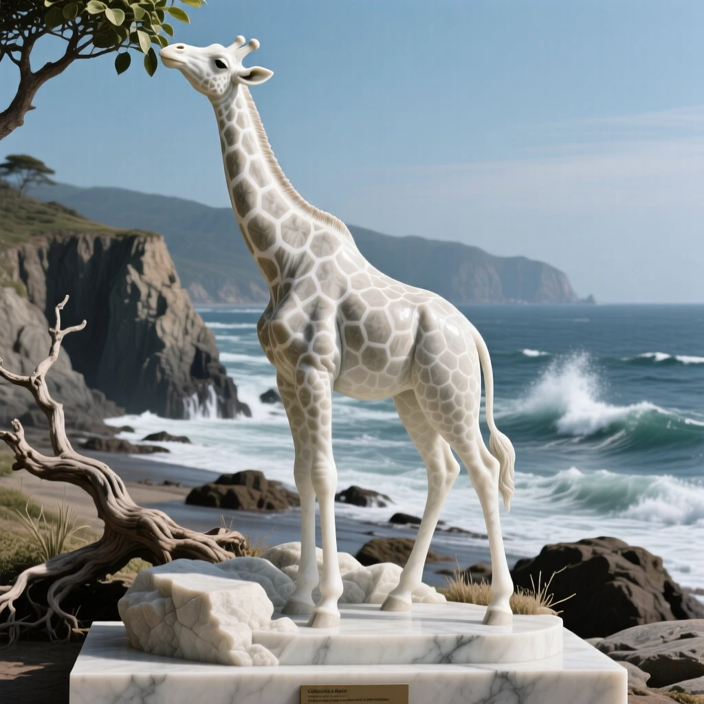 A giraffe reaching for treetop leaves captured in a powerful, dignified pose along a rugged coastline