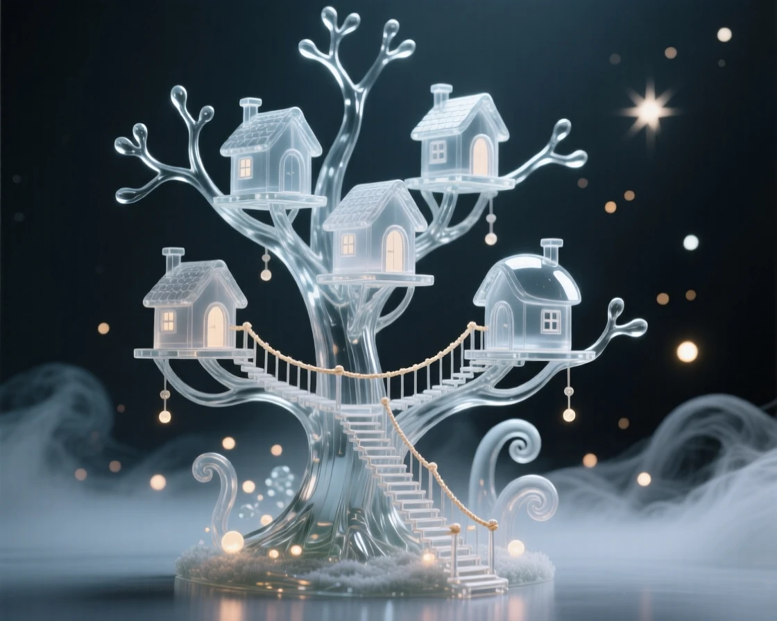 A treehouse village connected by rope bridges under starlight surrounded by softly glowing particles and gentle mist, wide cinematic composition, radiating magic and serenity.