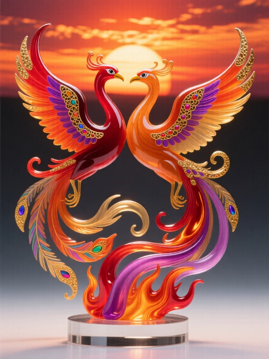 A pair of phoenixes intertwining in flight above a blazing sunset, transformative and romantic.