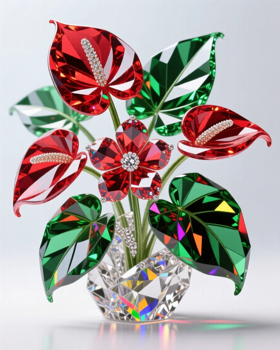 A cluster of tropical anthurium leaves and blossoms in vivid red and green.