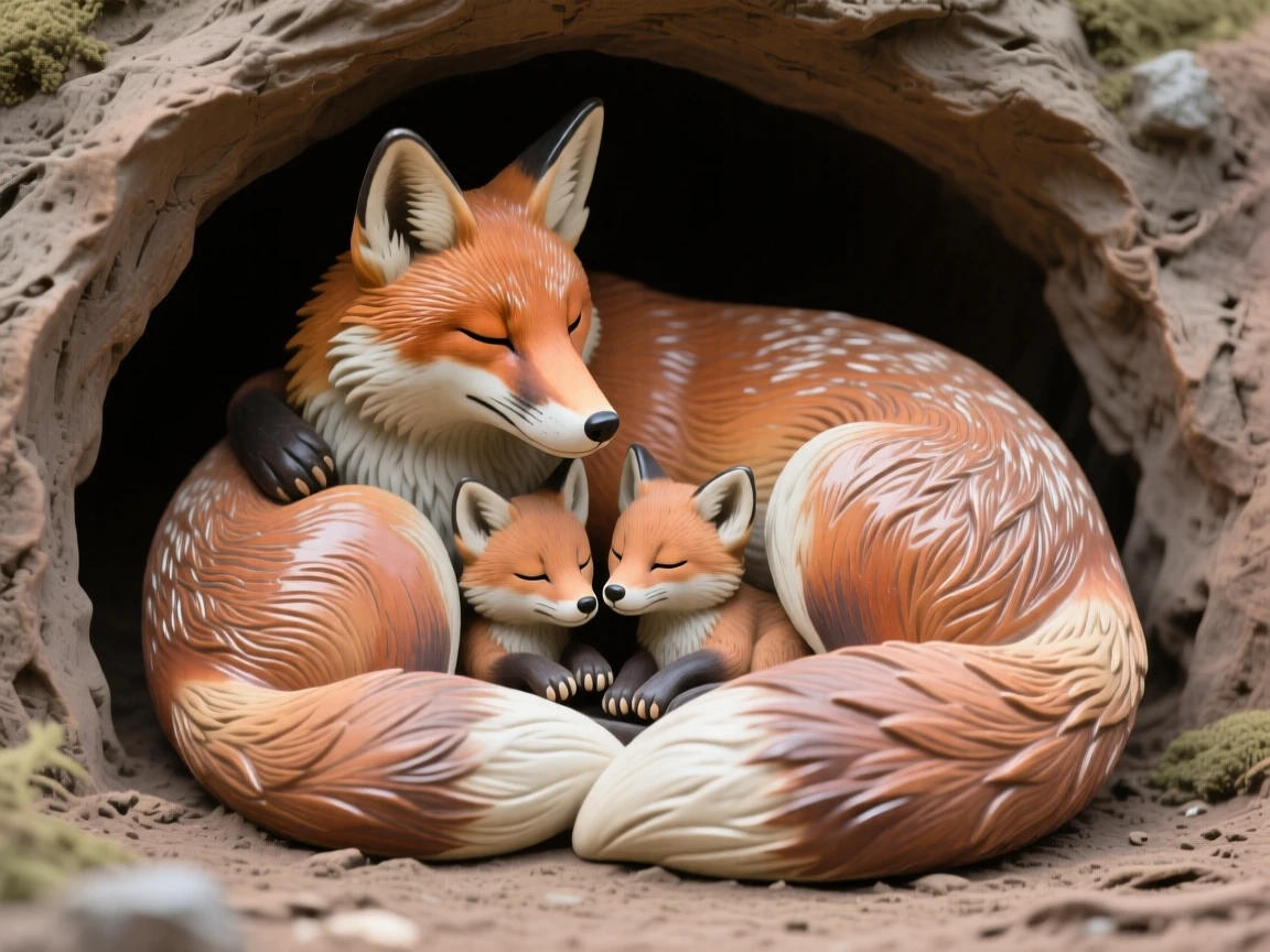 A family of foxes at a den entrance curled protectively around its young, with wind rippling through its fur, evoking a quiet sense of wild dignity.
