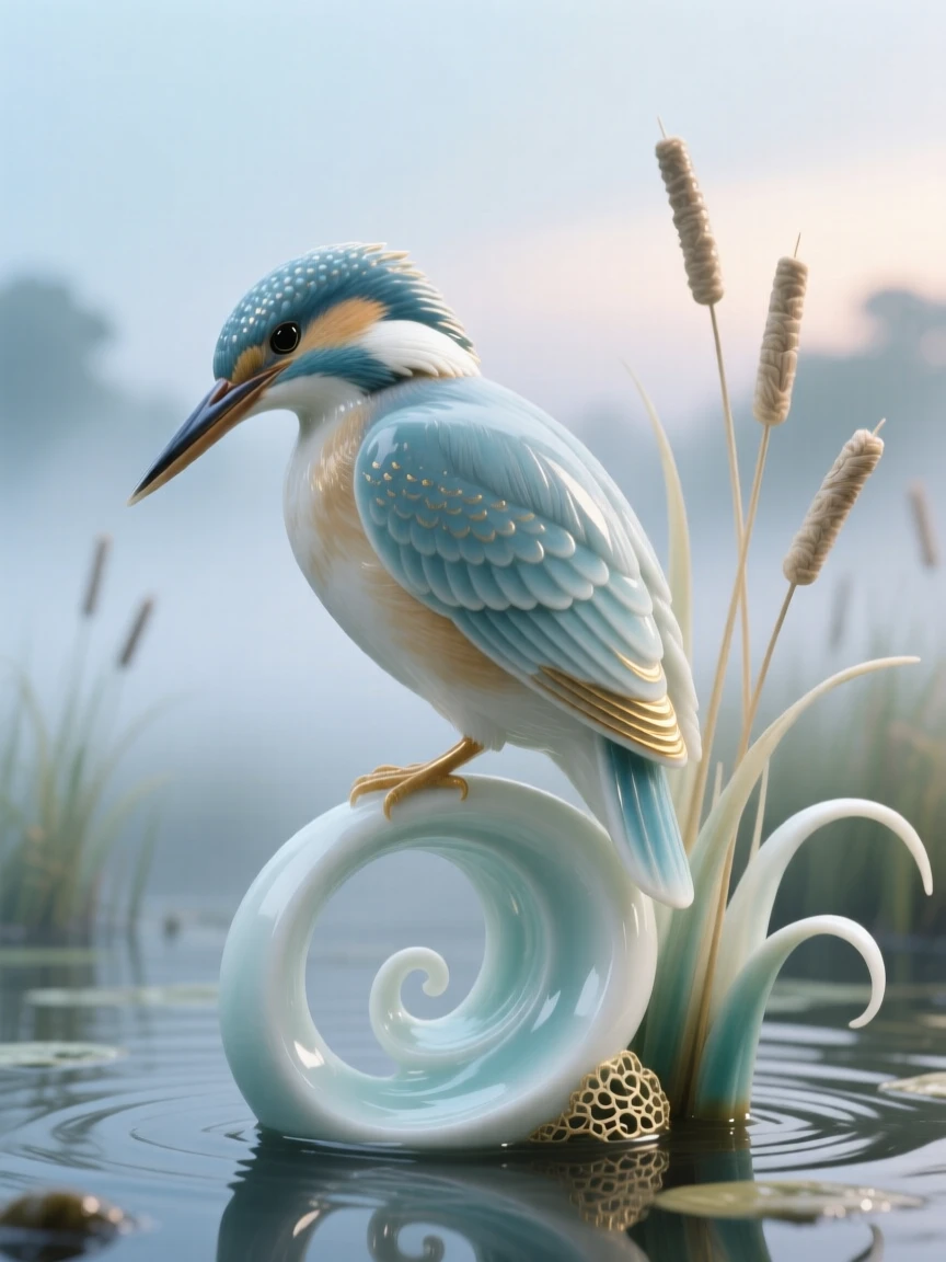 A delicate kingfisher in a misty wetland at dawn, preening delicately in golden light.