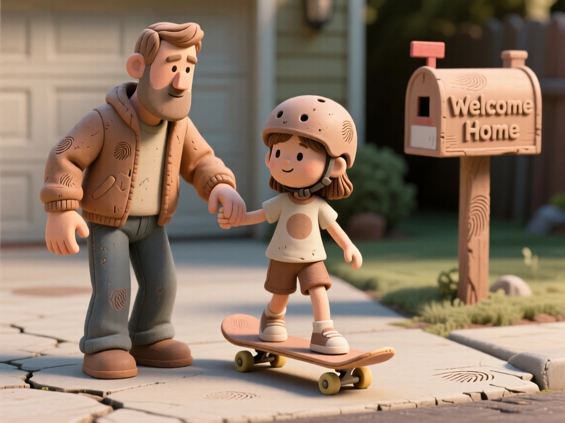 A father teaching his daughter to ride a skateboard in a driveway