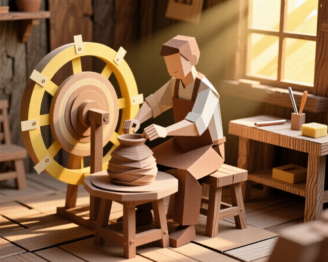 A skilled potter shaping clay on a spinning wheel in a rustic sunlit studio, hands covered in wet clay, evoking mindful craftsmanship.