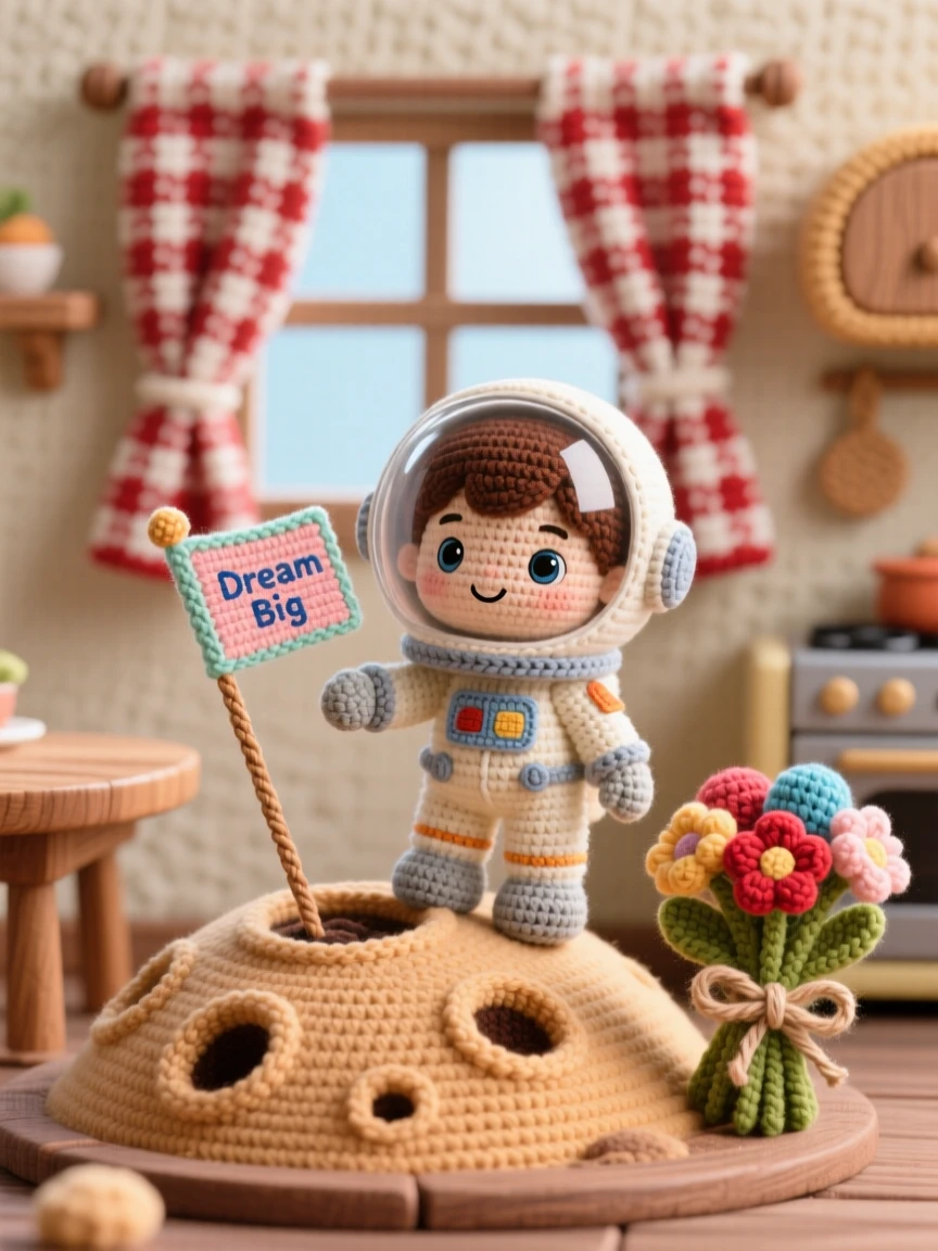 A charming scene of a small boy astronaut with a round helmet tucked under one arm, planting a tiny flag on a cratered hilltop inside a cozy cottage kitchen with checkered curtains; a bundle of fresh flowers tied with twine adds to the moment, full of tender patience and unhurried craftsmanship.