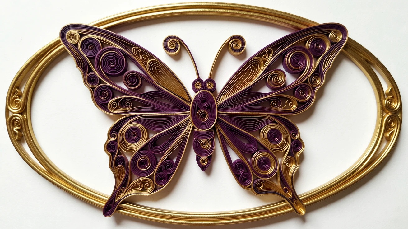 a symmetrical butterfly pattern with mirrored wings, mounted within a gilded oval frame, composed with a strong central focal point, in rich plum and antique gold hues.