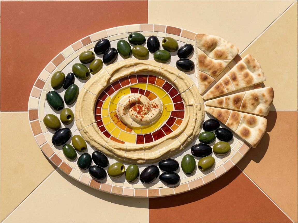 A Mediterranean mezze spread with hummus, olives, and warm pita.