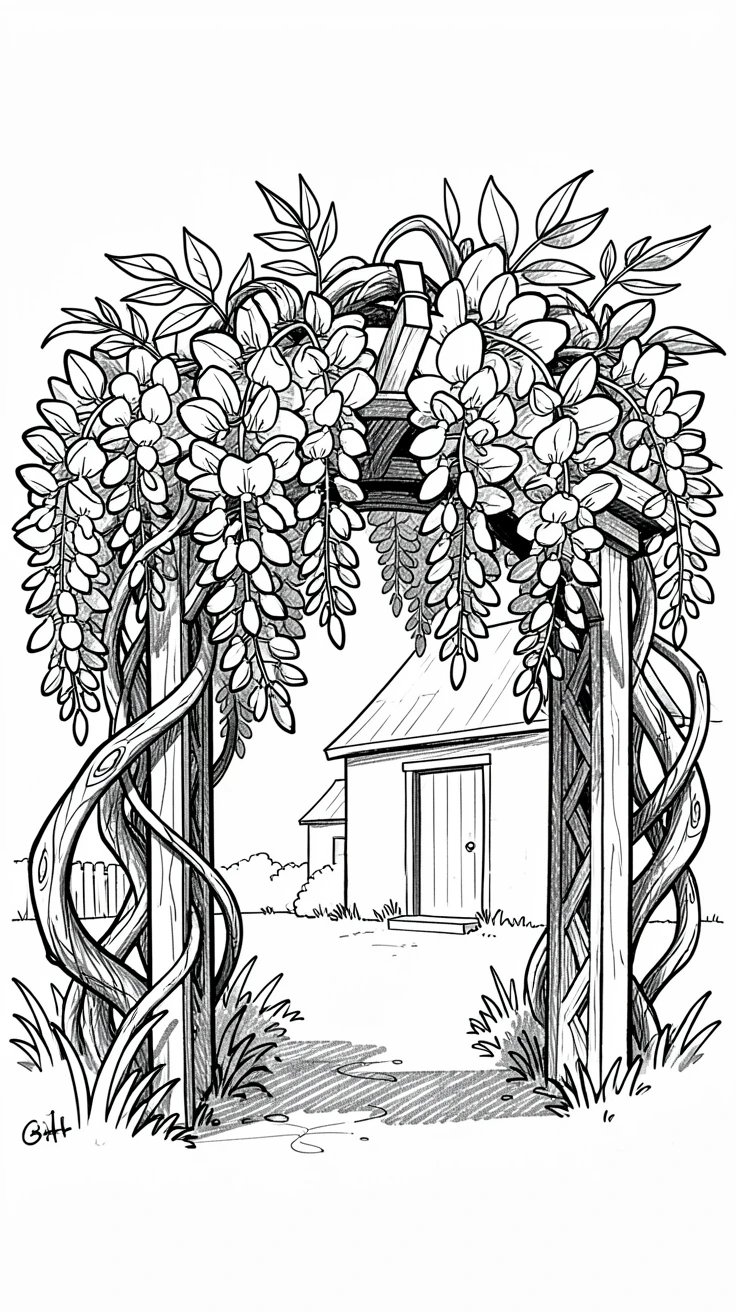 A cascading wisteria arch in a farmhouse garden.